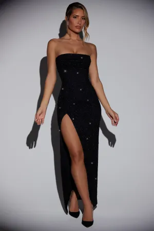 Applique Glow Embellished Bandeau Cowl Neck Maxi Dress in Black