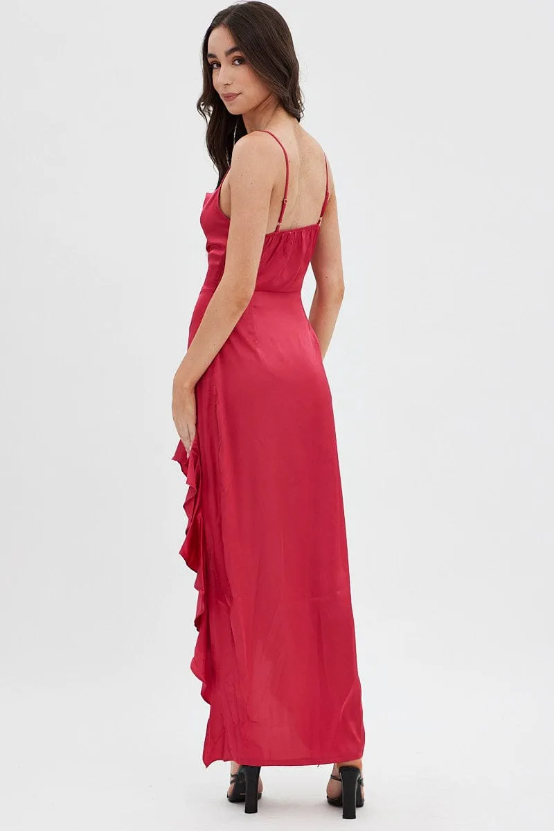 Coral Bay Red Ruffle Maxi Satin Cowl Neck Dress