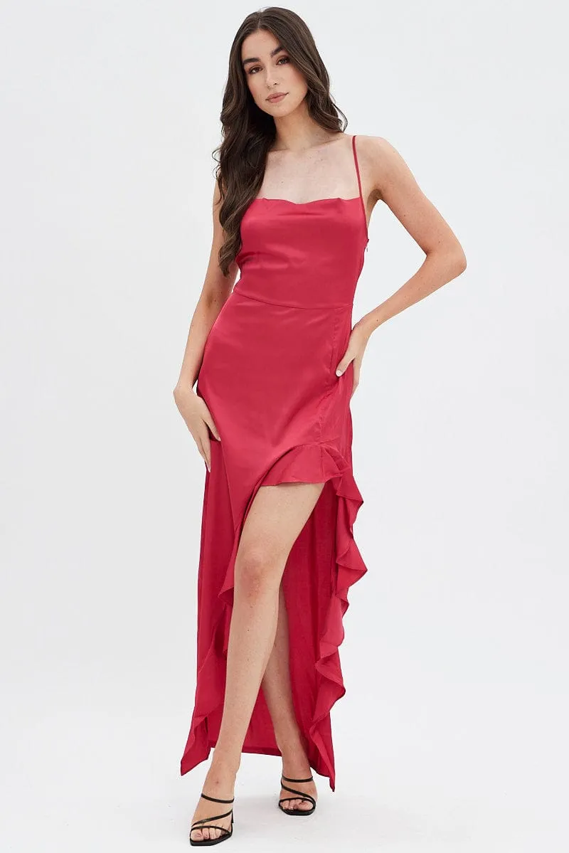 Wool Glow Red Ruffle Maxi Satin Cowl Neck Dress