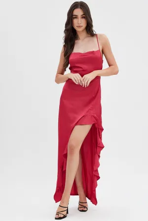 Red Ruffle Maxi Satin Cowl Neck Dress Twill Glow