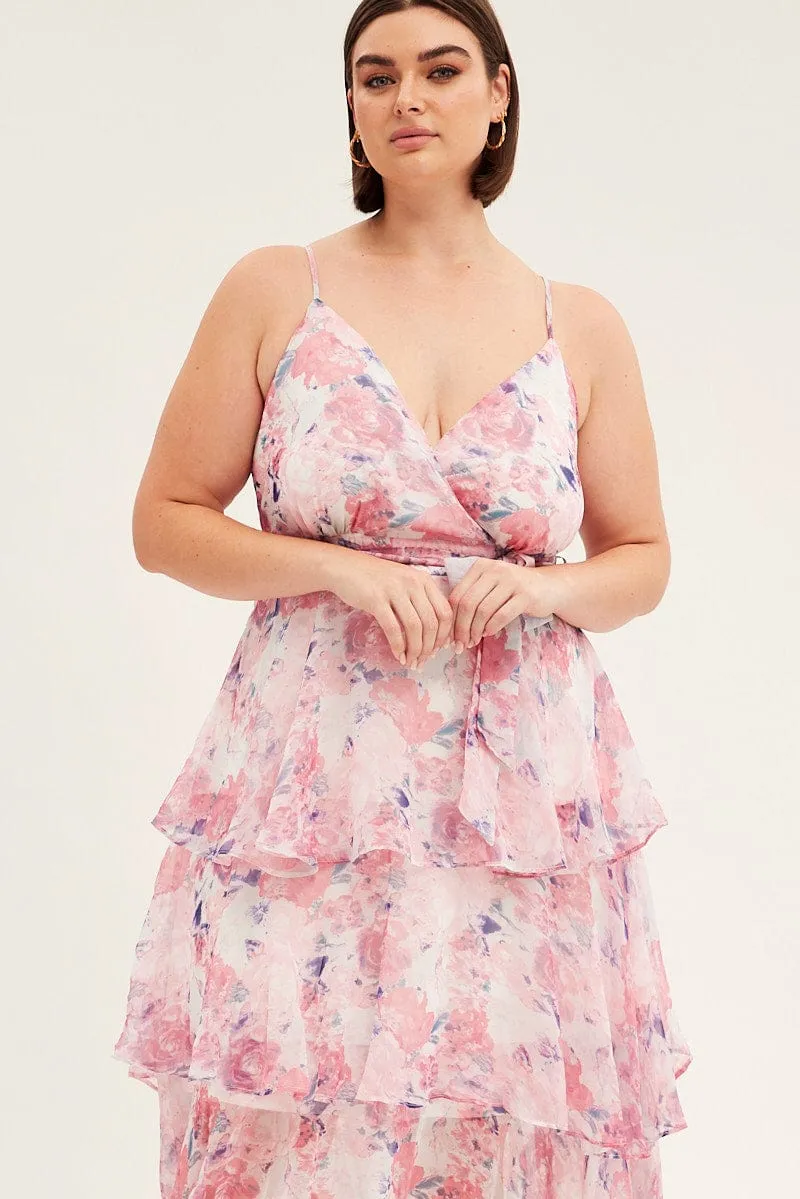 Pink Floral Midi Dress Shoestring Frill Chiffon Print Midi dress with waist tie