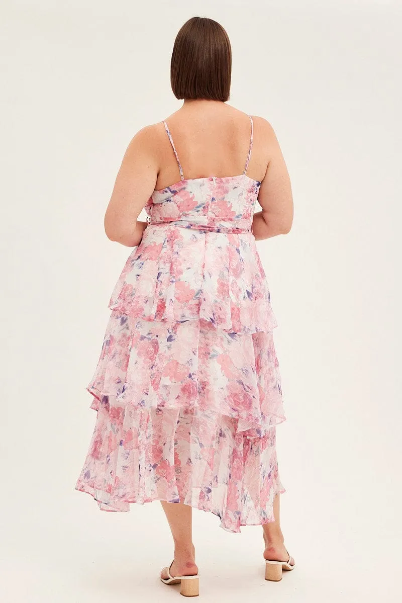 Pink Floral Midi Dress Shoestring Frill Chiffon Print Fashionable details