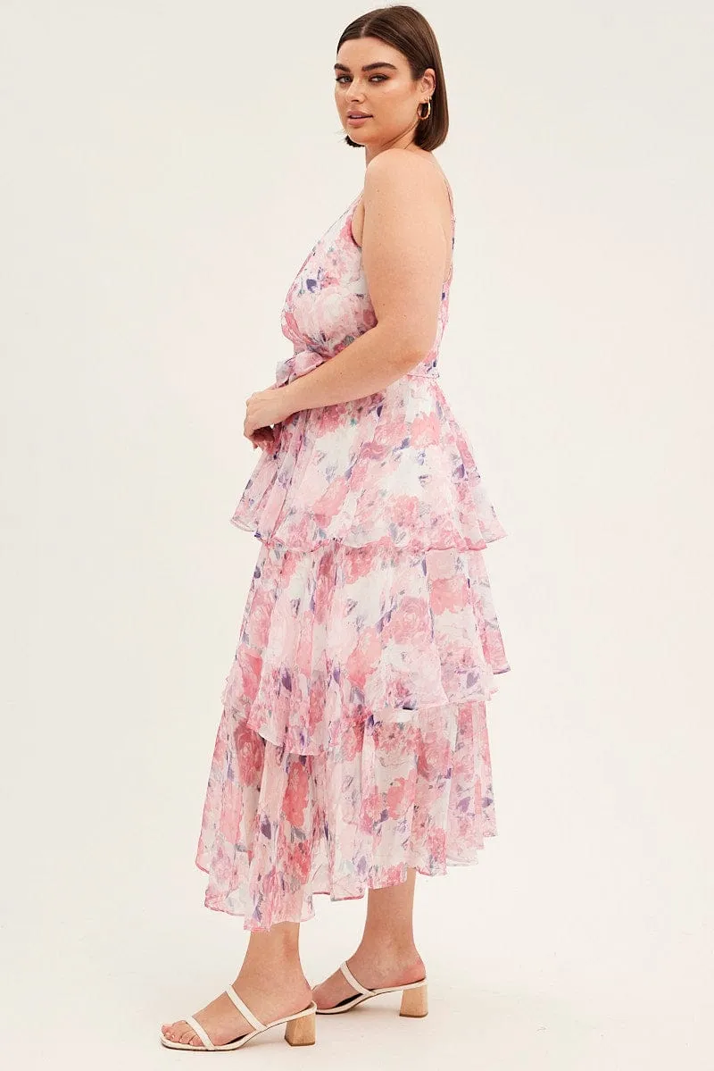 Polished Ease Pink Floral Midi Dress Shoestring Frill Chiffon Print