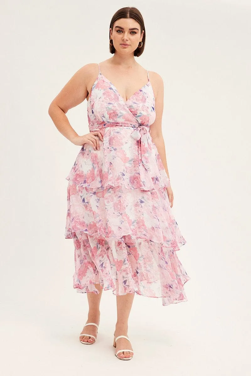 Feminine Energy Pink Floral Midi Dress Shoestring Frill Chiffon Print
