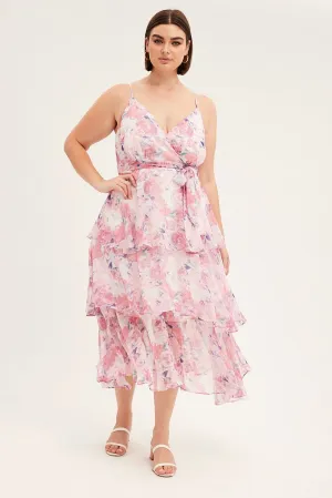 Feminine Energy Pink Floral Midi Dress Shoestring Frill Chiffon Print