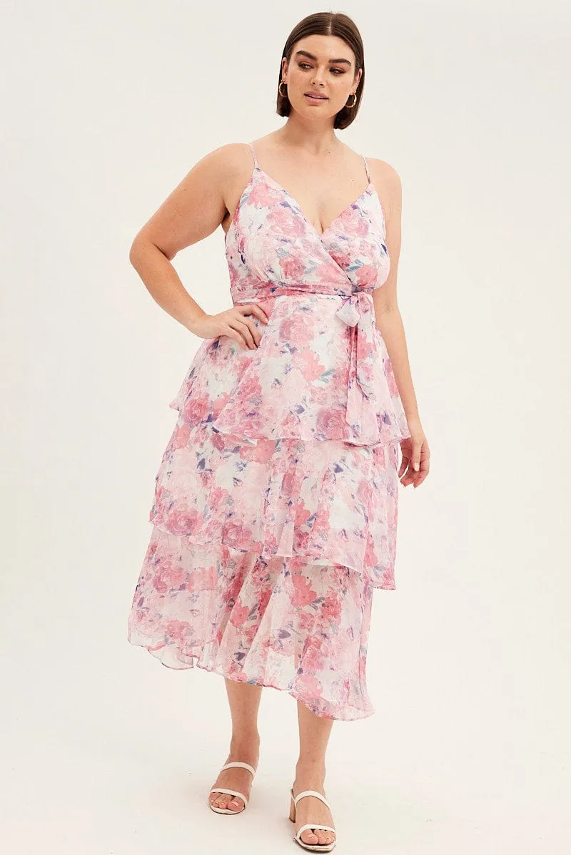 Leaf Fall Trail Walk Pink Floral Midi Dress Shoestring Frill Chiffon Print