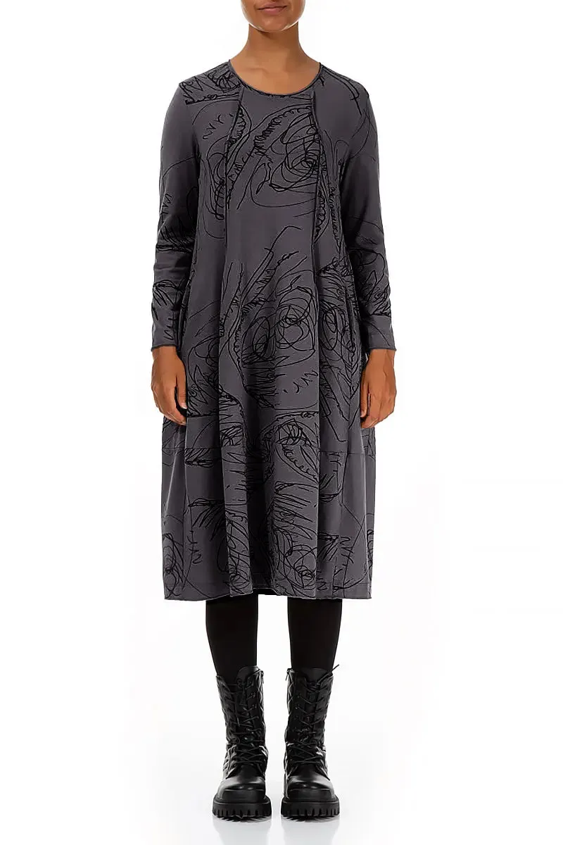 Smart Glow Exposed Seam Graphite Abstract Draw Cotton Dress
