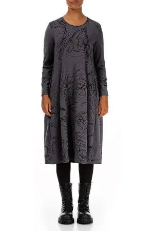 Smart Glow Exposed Seam Graphite Abstract Draw Cotton Dress