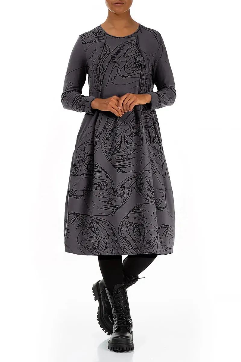 Sustainable production Exposed Seam Graphite Abstract Draw Cotton Dress