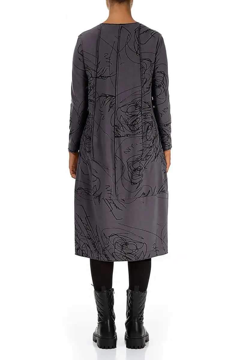 Exposed Seam Graphite Abstract Draw Cotton Dress WrinkleFreeFabric Elegant Glow