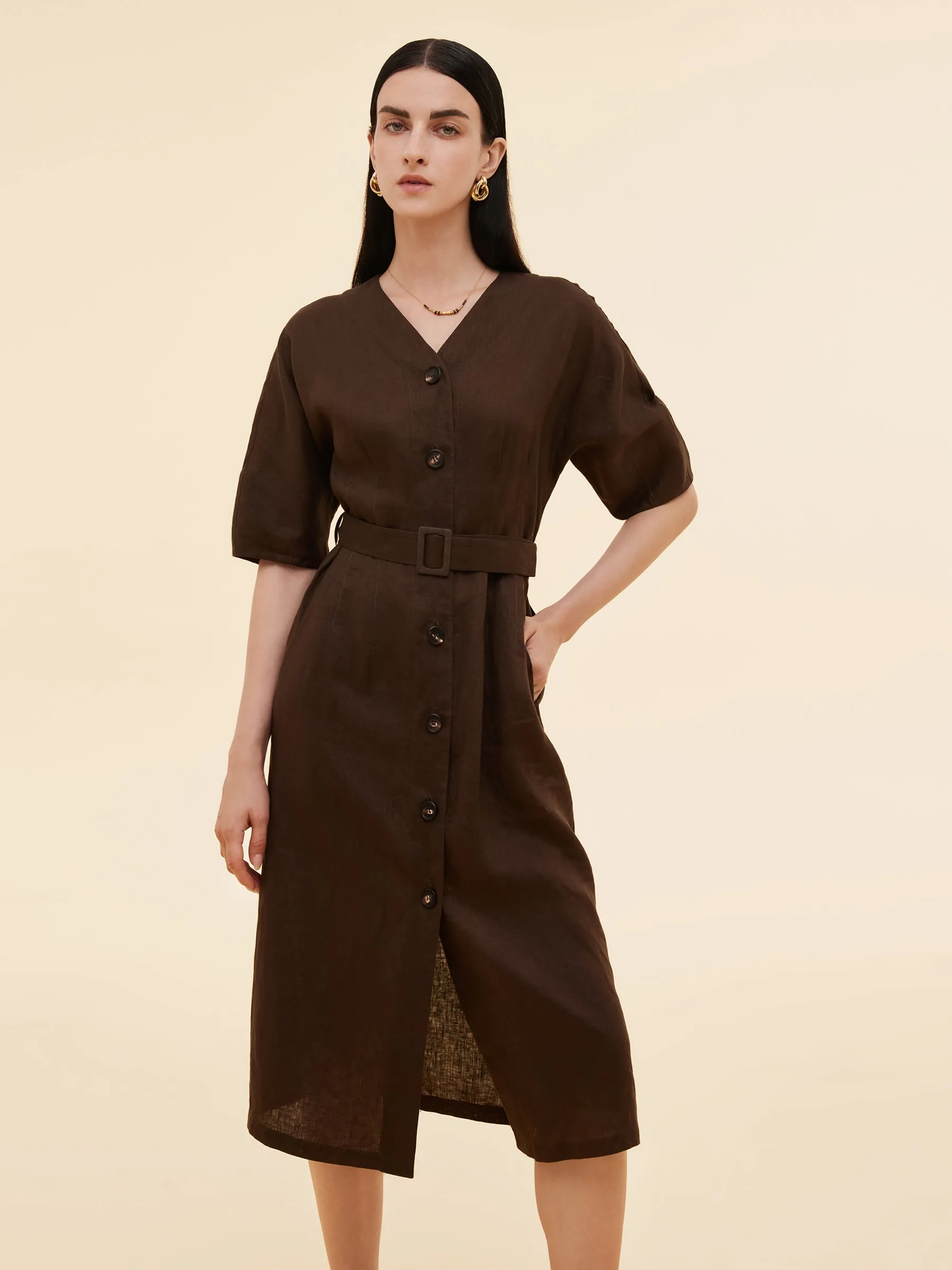 Coral Glow Emerald Glow 100% Linen Women V-Neck Midi Dress With Belt