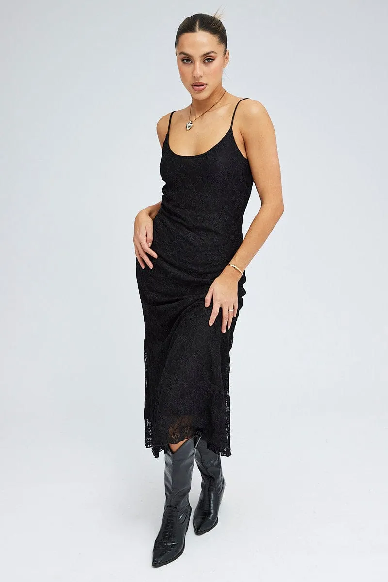 Black Maxi Dress Sleeveless Scoop Neck Flare Hem Lace Wool Glow