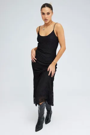 Black Maxi Dress Sleeveless Scoop Neck Flare Hem Lace Wool Glow
