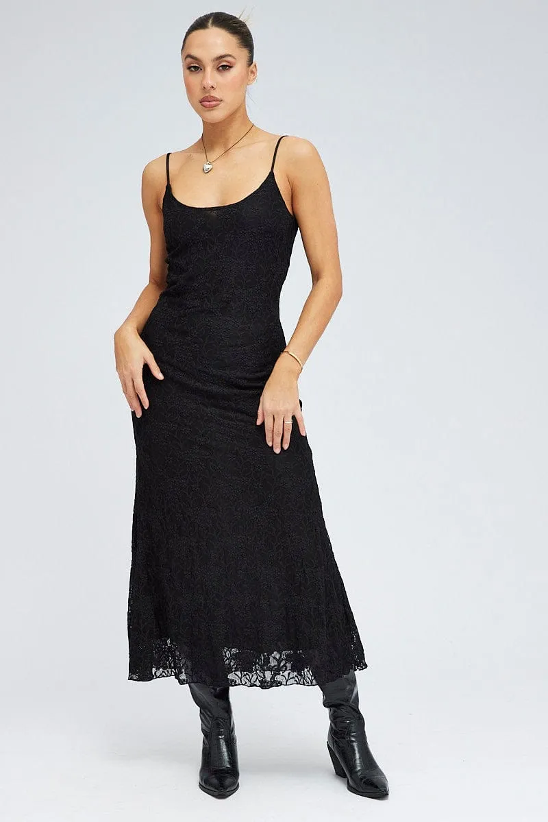Black Maxi Dress Sleeveless Scoop Neck Flare Hem Lace Scandi Clean