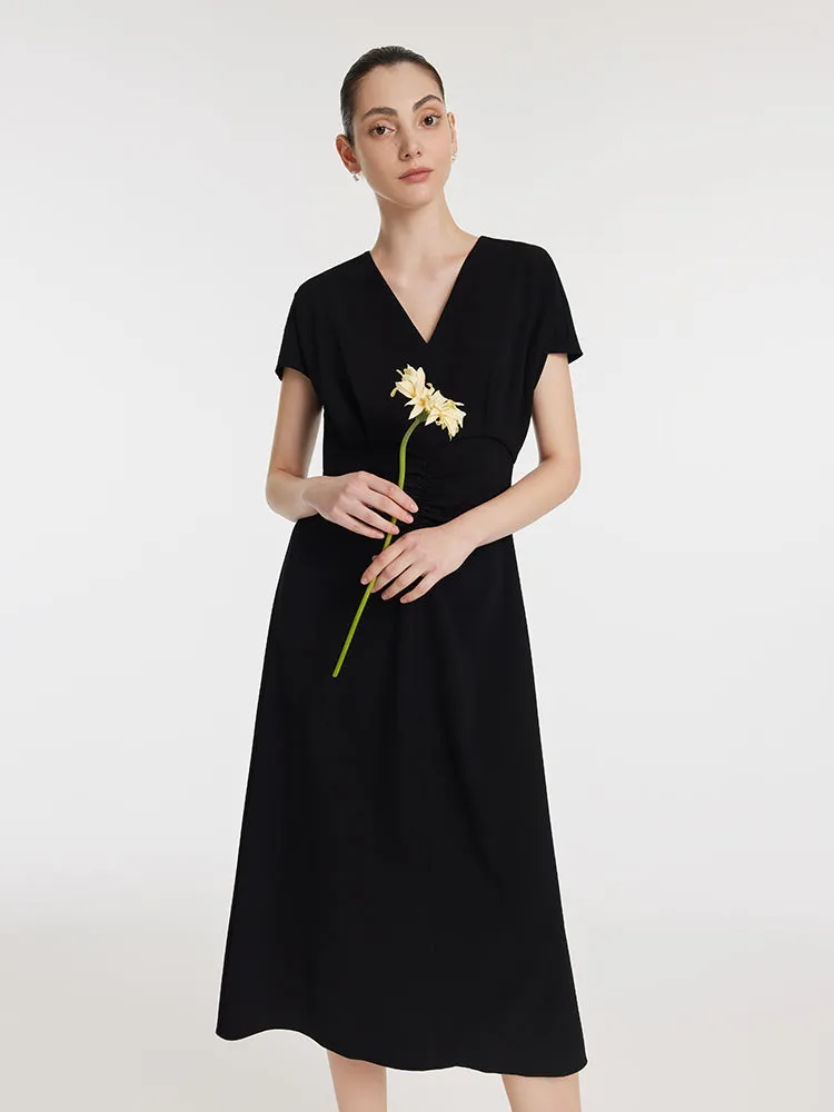 Triacetate V-Neck Ruched Women Midi Dress Wood Scent Contemporary Fashion