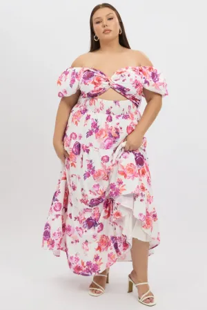 White Floral Midi Dress Short Sleeve Cut Out Fashion Statement Stone Touch