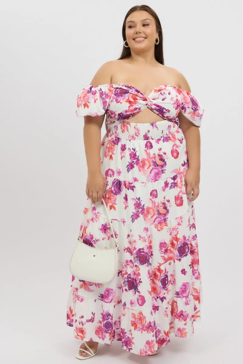 Dreamy Feel White Floral Midi Dress Short Sleeve Cut Out