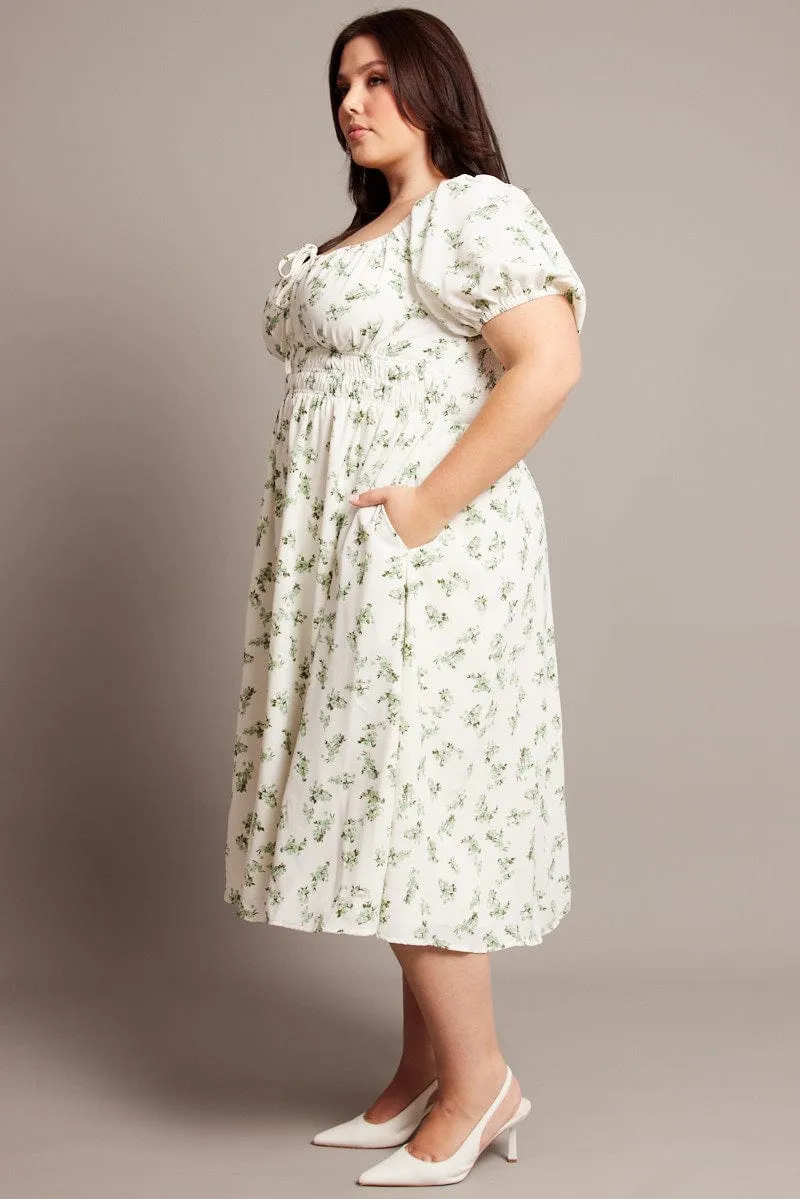 Reef View Green Ditsy Midi Dress Short Sleeve Ruched Bust