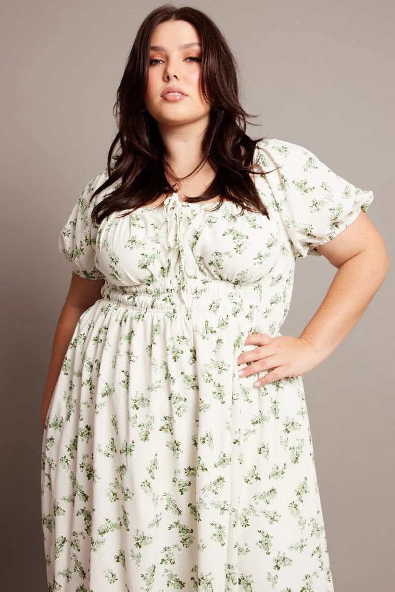 Perfect Shape Green Ditsy Midi Dress Short Sleeve Ruched Bust