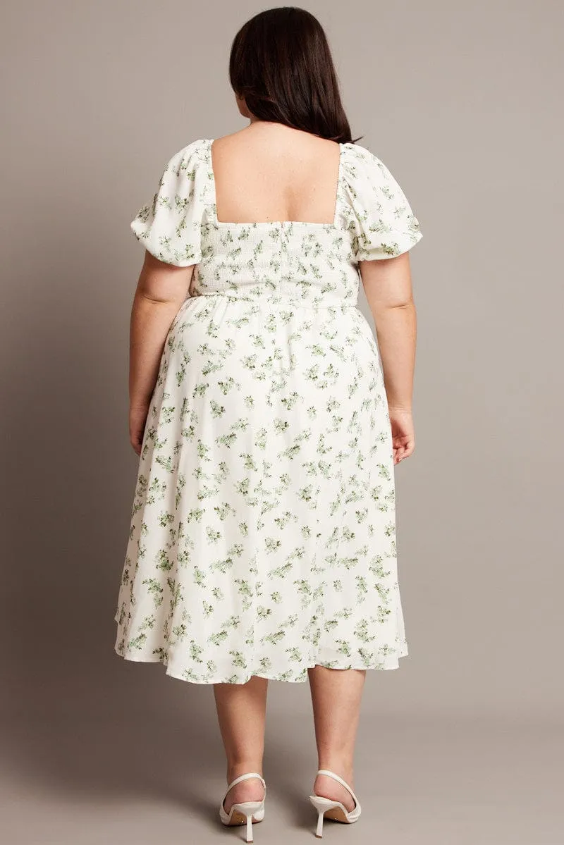 Flower Scent Green Ditsy Midi Dress Short Sleeve Ruched Bust