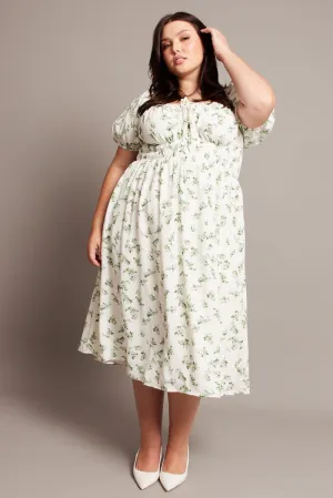 Friend Wedding Green Ditsy Midi Dress Short Sleeve Ruched Bust