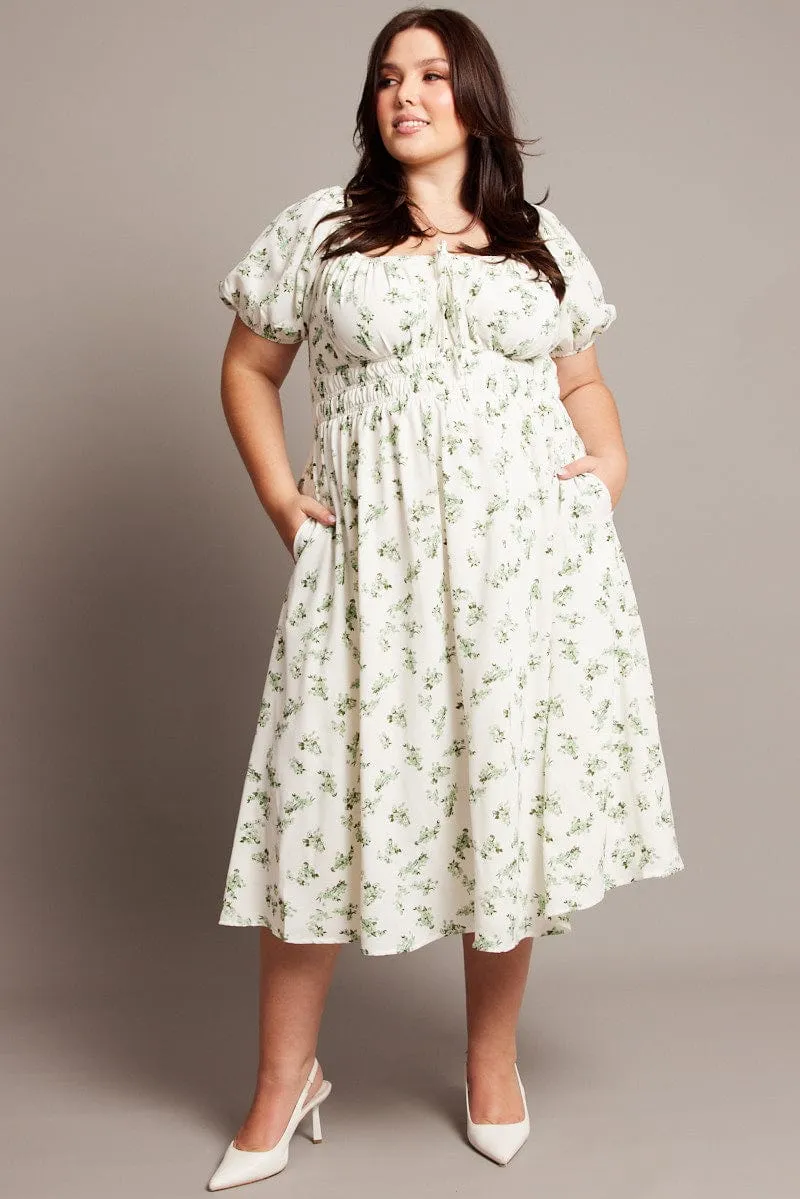 Autumn Leaf Chic Style Green Ditsy Midi Dress Short Sleeve Ruched Bust