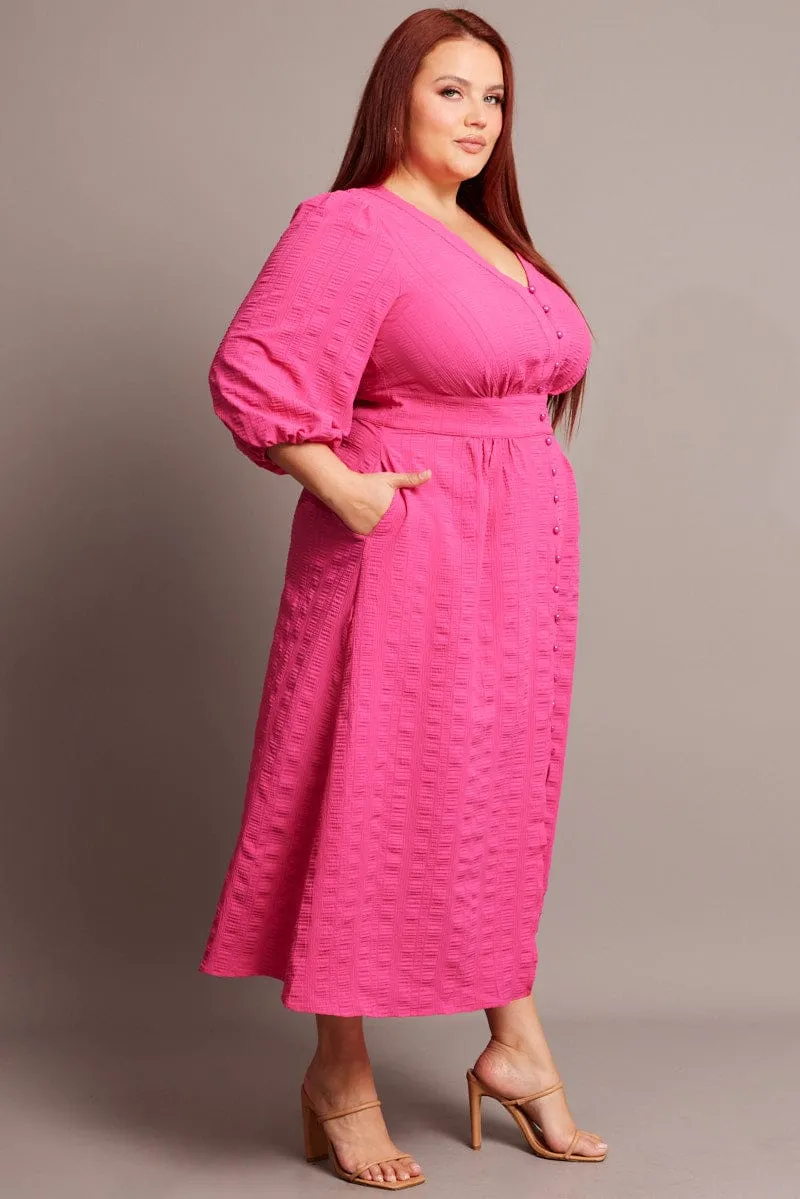 Pink Midi Dress Short Sleeve Textured Snow Path Casual yet dressy midi