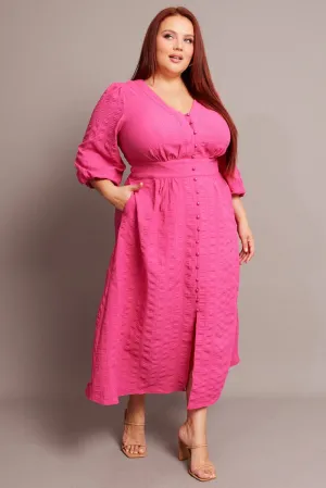 Pink Midi Dress Short Sleeve Textured Flattering Layers