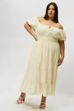 Comfort Fit White Tiered Midi Dress Short Sleeve Ruched Bust