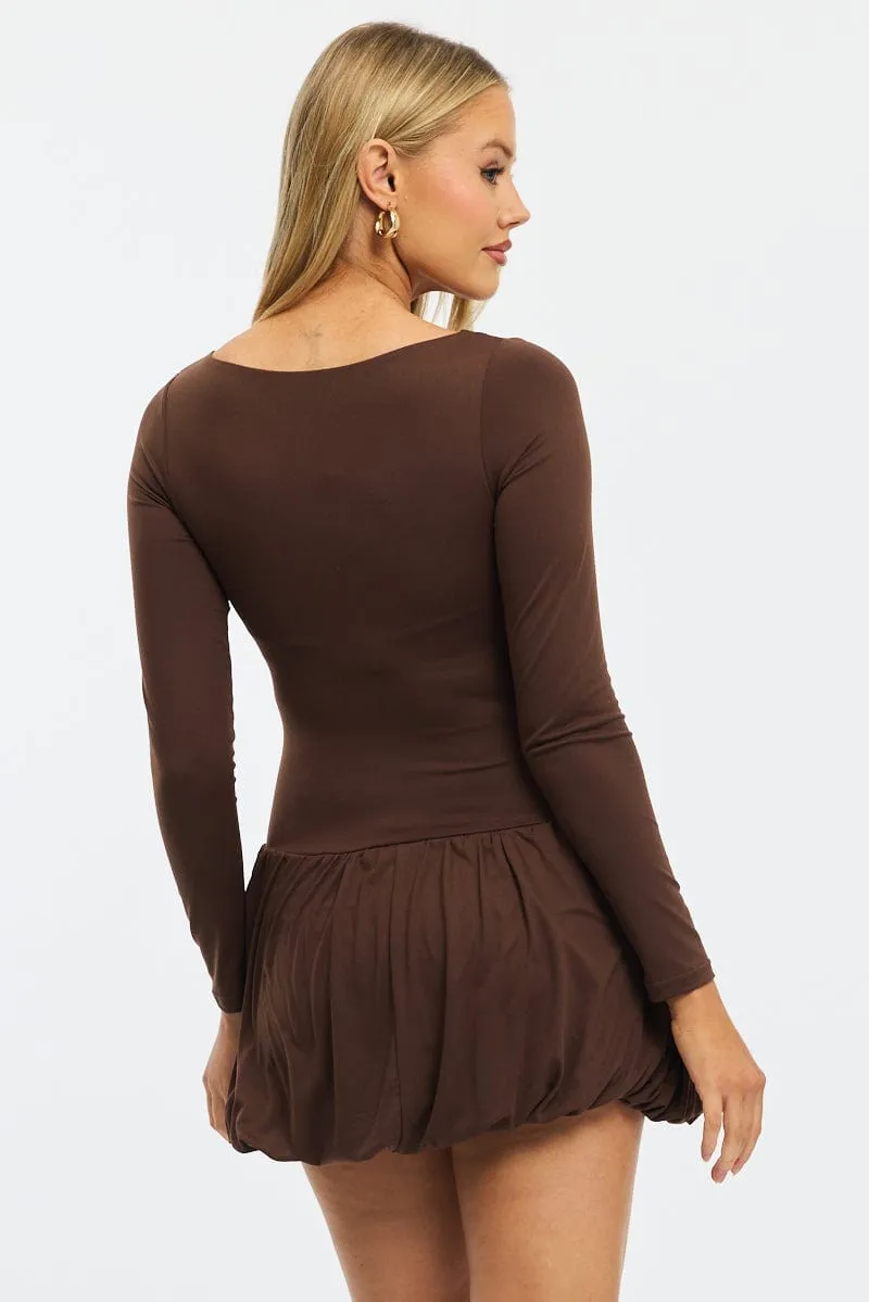 Brown Bubble Mini Dress Long Sleeve Floral Fit Wide Range Motion