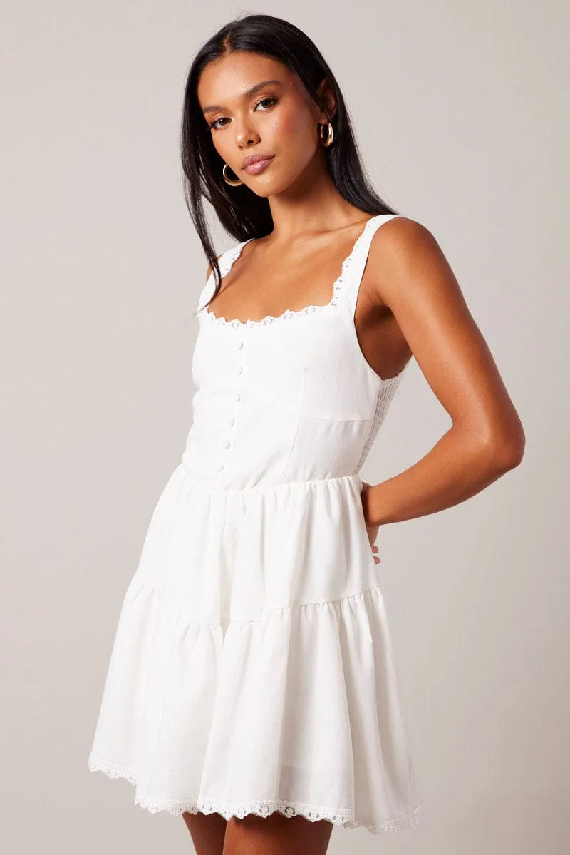 Easy Care Fabric Edge Shine White Fit And Flare Dress Mini