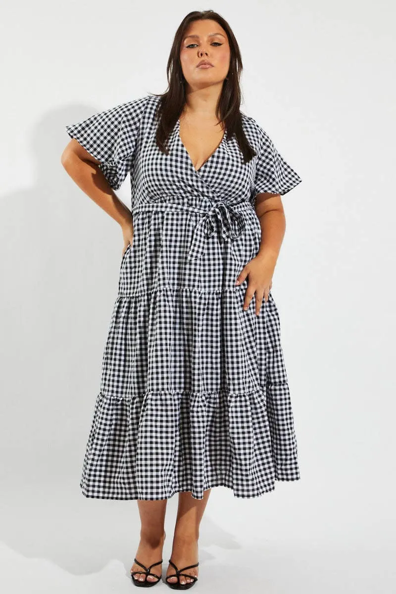 Comfy Look Black Check Midi Dress Short Sleeve Wrap Front Self Tie
