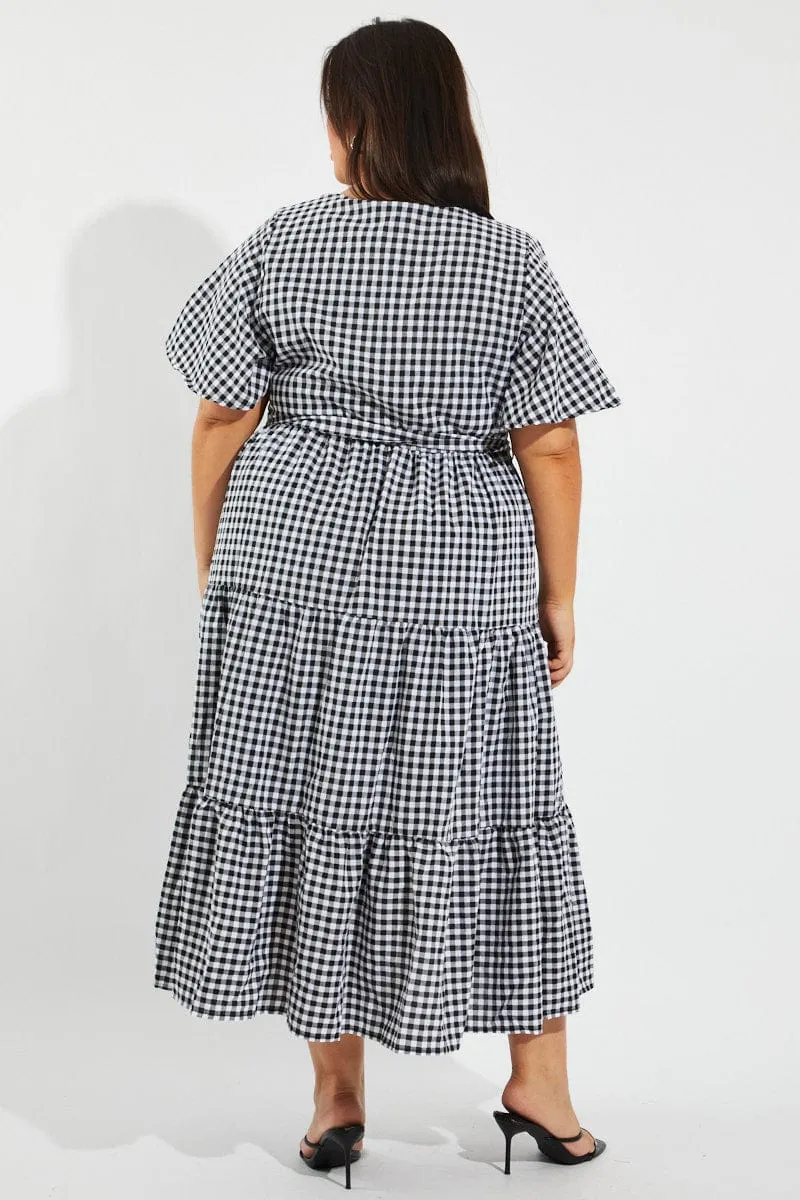 Contemporary Look Relaxed Design Black Check Midi Dress Short Sleeve Wrap Front Self Tie