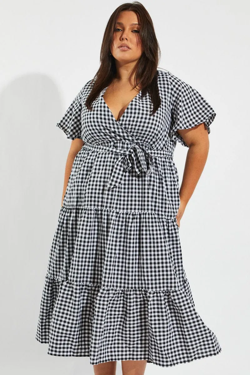 Black Check Midi Dress Short Sleeve Wrap Front Self Tie chic aesthetic