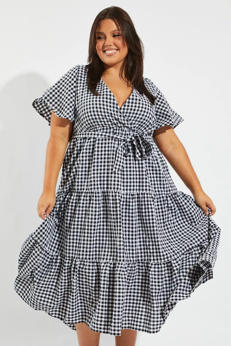 Summer Picnic Work Ready Outfit Black Check Midi Dress Short Sleeve Wrap Front Self Tie