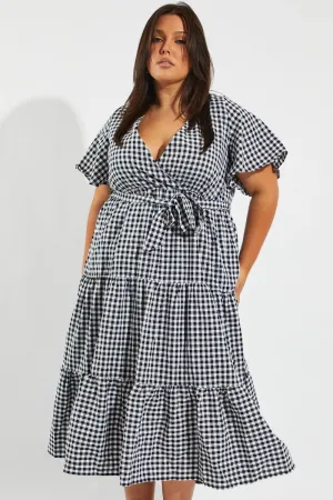 Black Check Midi Dress Short Sleeve Wrap Front Self Tie chic aesthetic