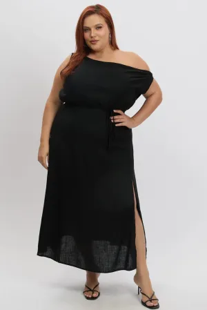 Black Midi Dress Sleeveless Asymmetrical Linen Blend Dress for warm weather Versatile midi for travel
