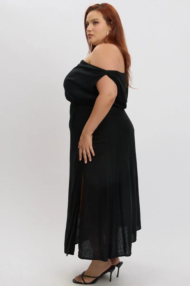 Stylish below-the-knee gown Vibrant summer dress Black Midi Dress Sleeveless Asymmetrical Linen Blend