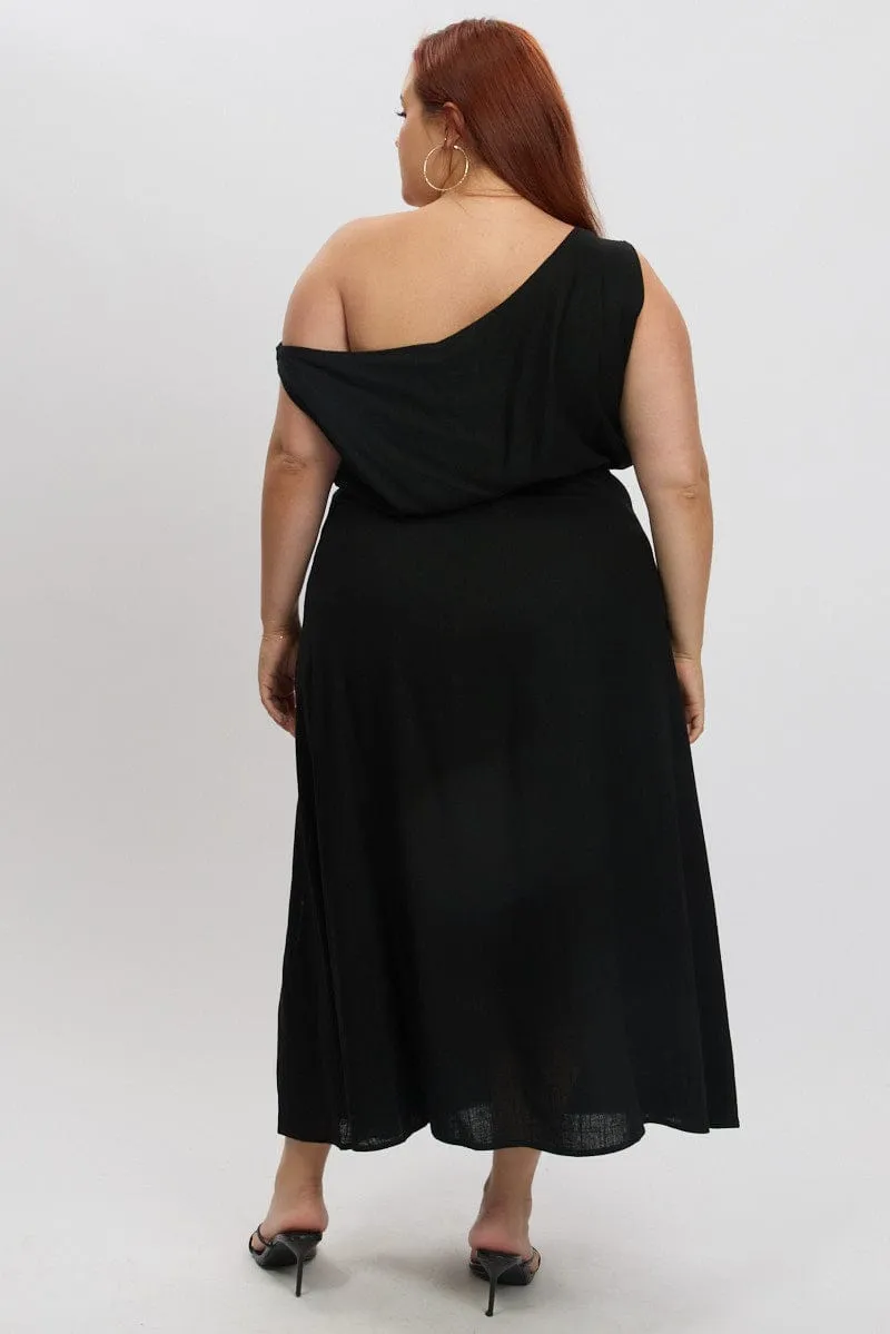 Leaf Song Bold Dresser Black Midi Dress Sleeveless Asymmetrical Linen Blend