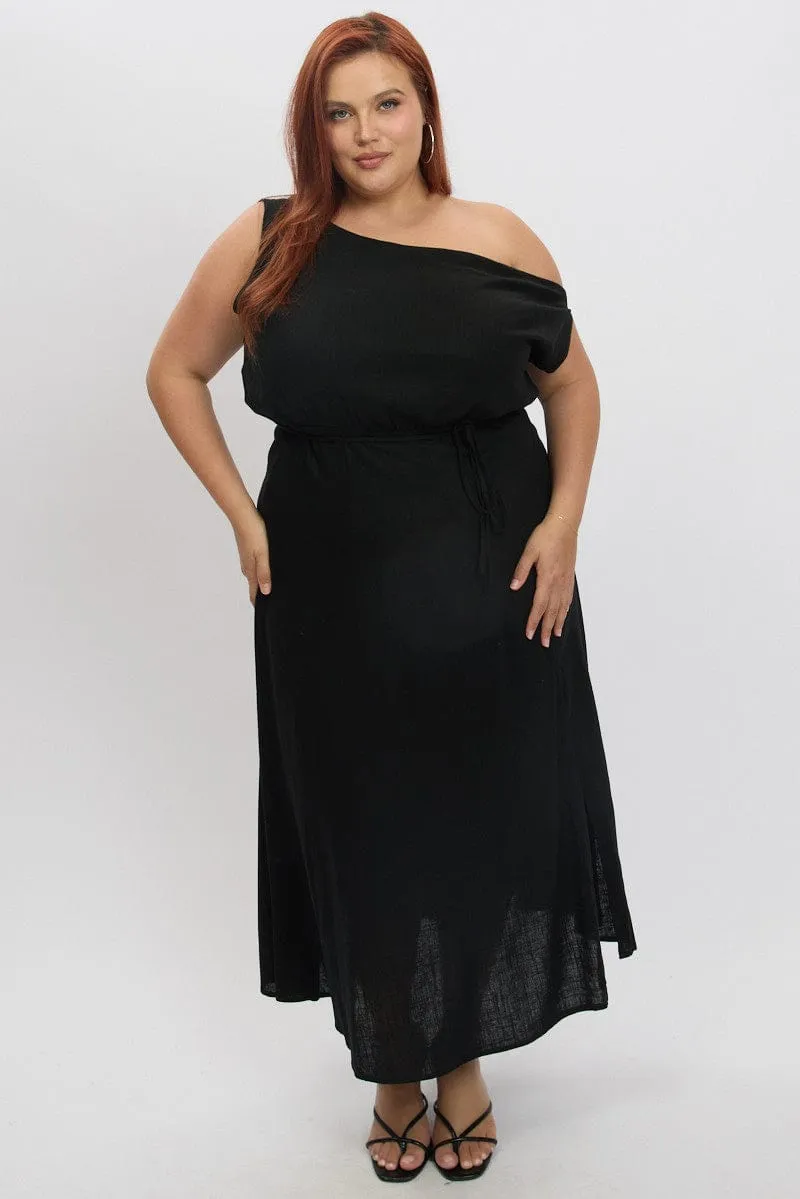 Confident Girl Black Midi Dress Sleeveless Asymmetrical Linen Blend