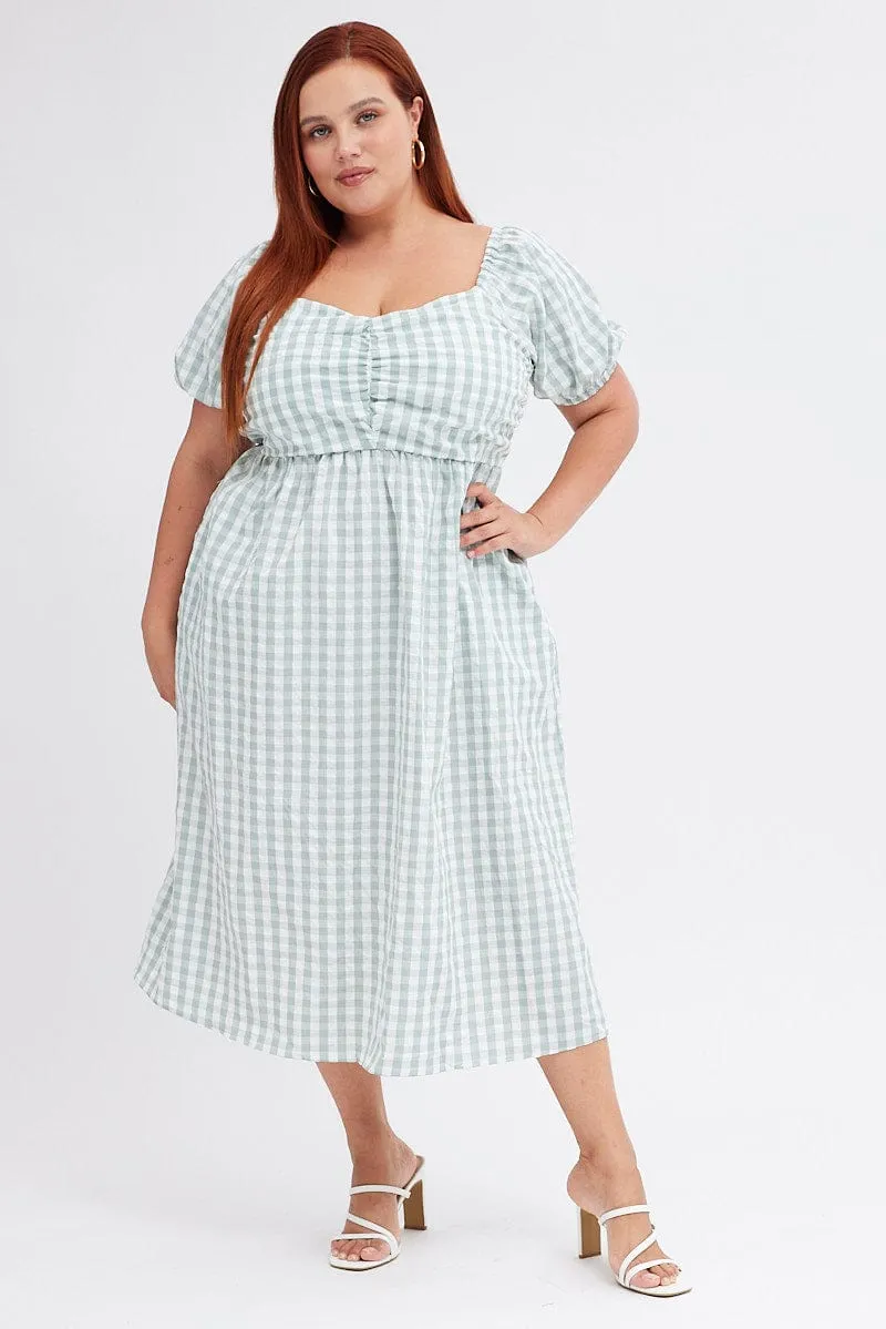 Train Gate Elegant Vibe Check Midi Dress Ruched Bodice Gingham Puff Sleeve