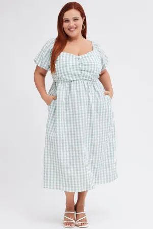 Check Midi Dress Ruched Bodice Gingham Puff Sleeve Urban Casual River Side