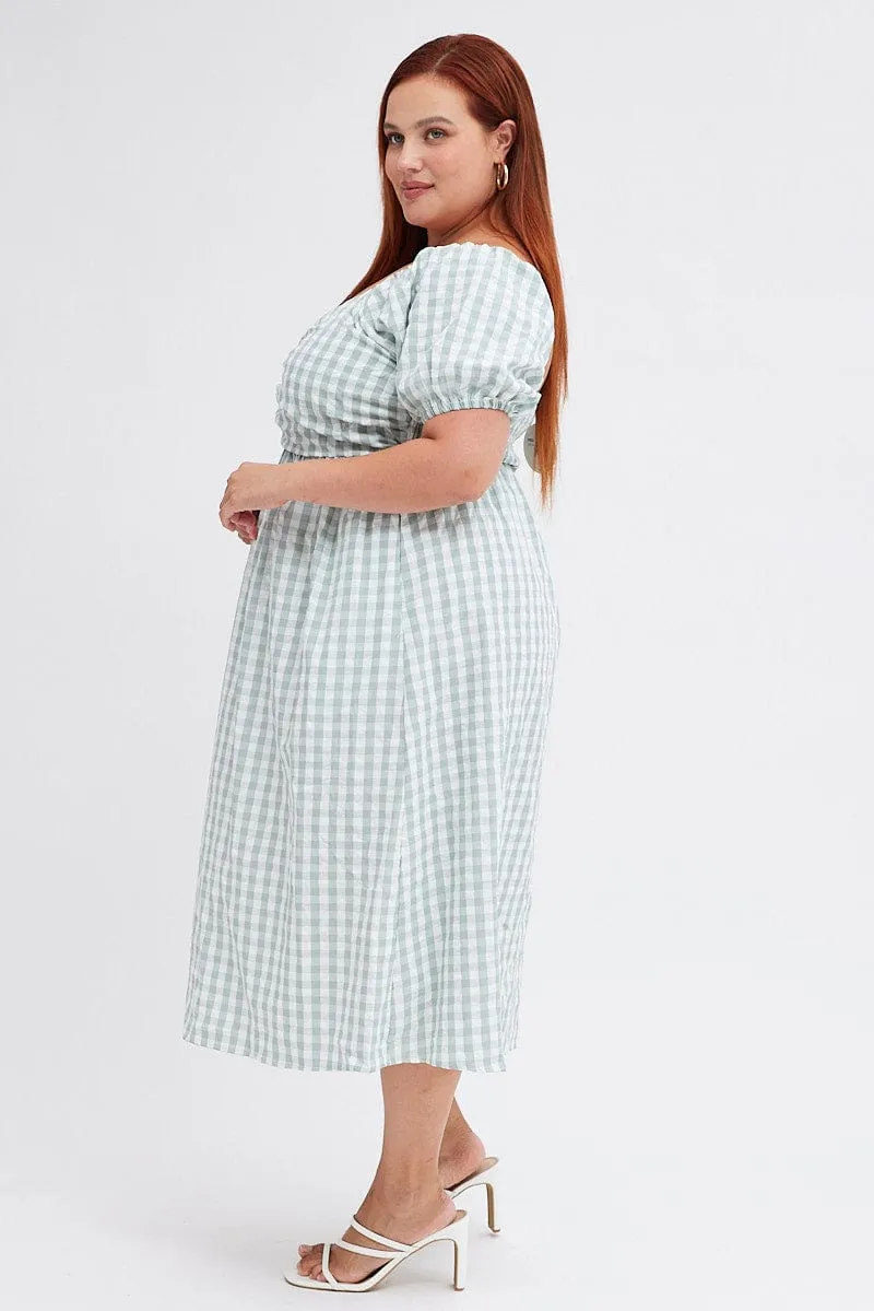 Plus Fit Check Midi Dress Ruched Bodice Gingham Puff Sleeve