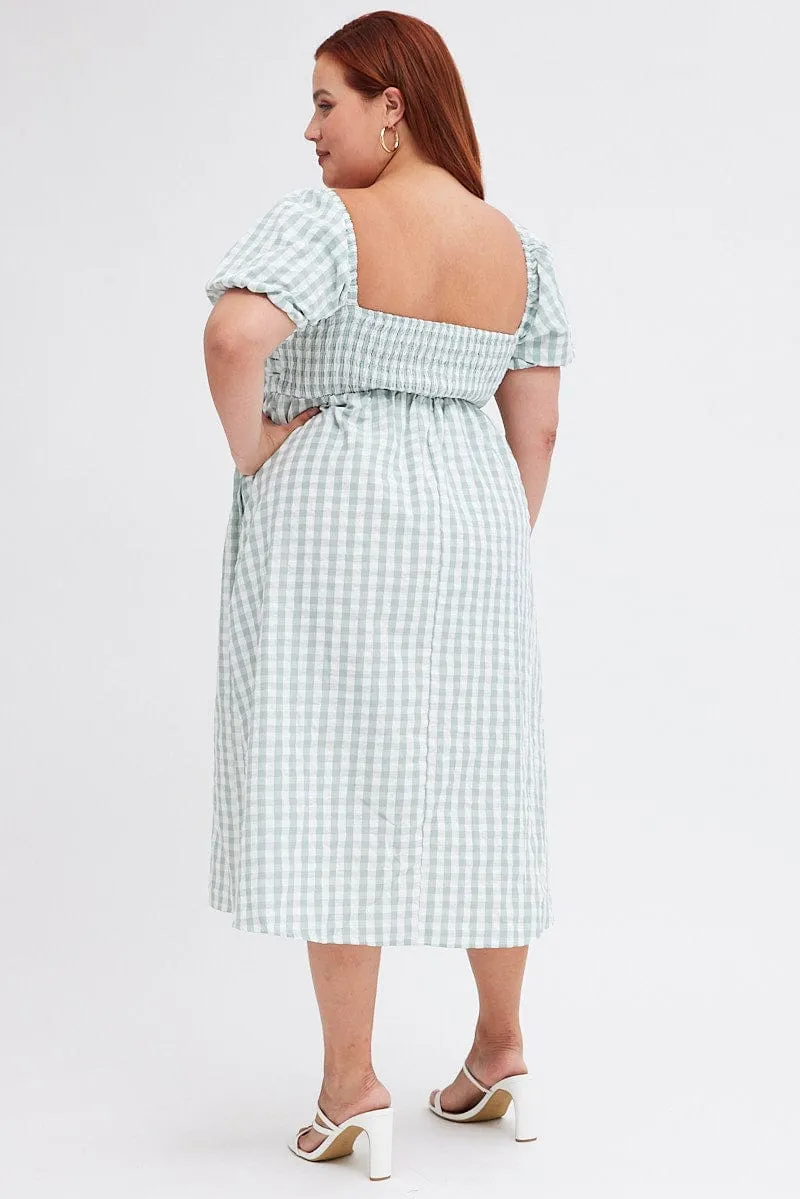 Day-to-Night Look Check Midi Dress Ruched Bodice Gingham Puff Sleeve