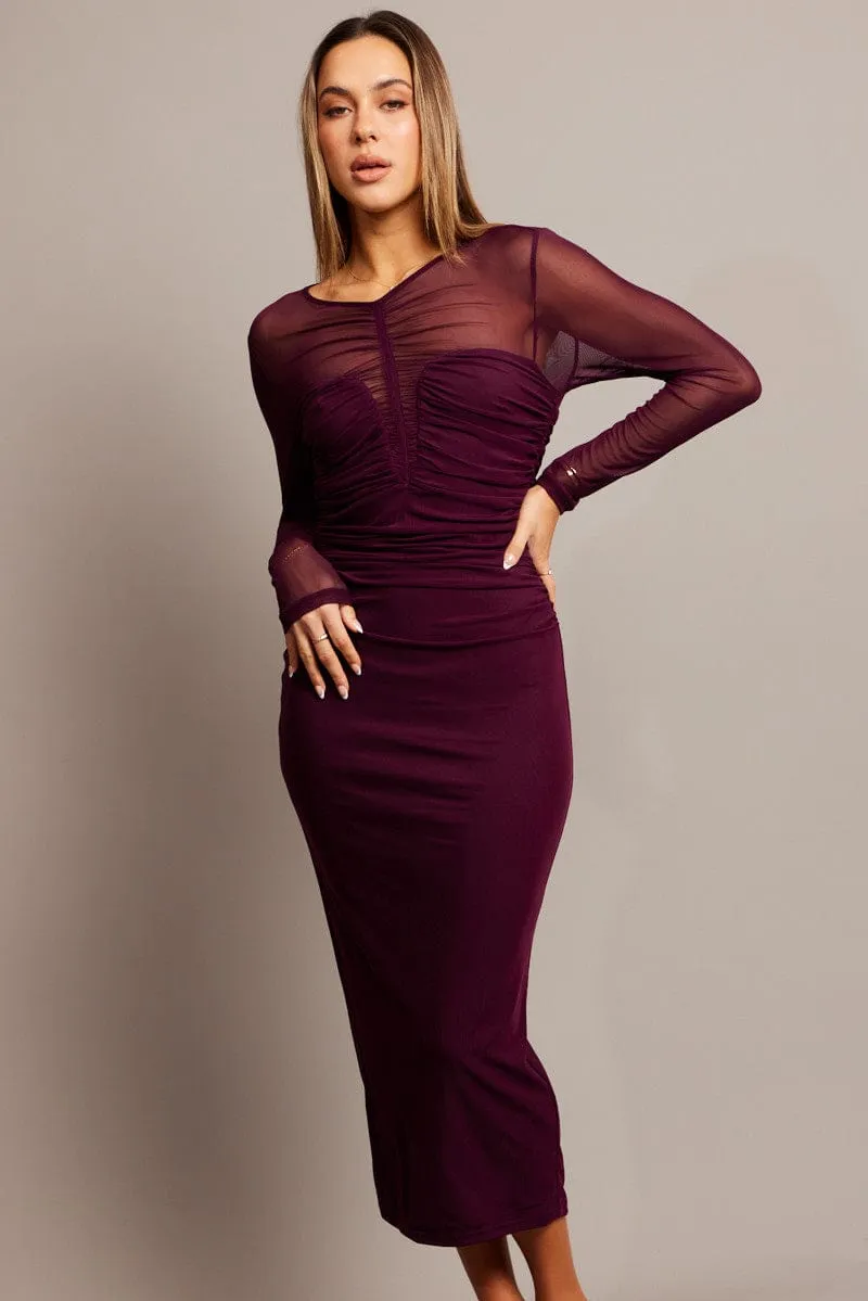 Flash Look Smart Casual Brown Bodycon Dress Long Sleeve Mesh