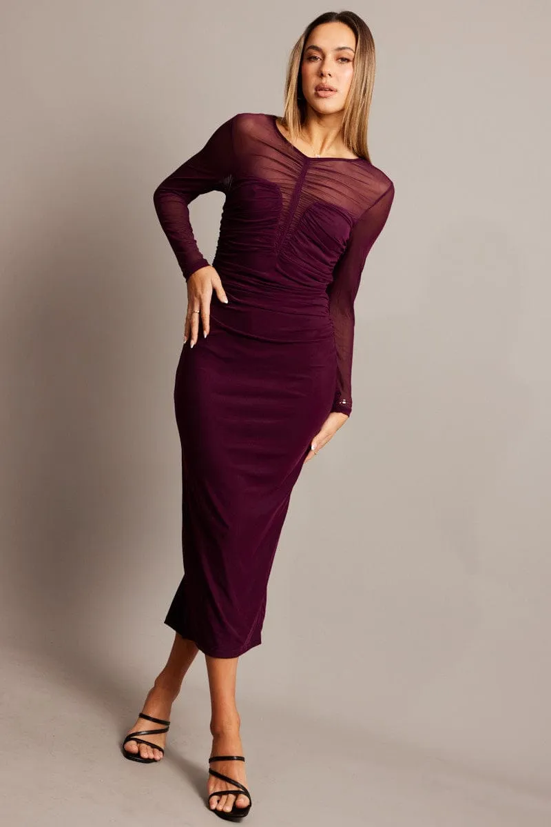 Brown Bodycon Dress Long Sleeve Mesh Recycled Polyester ElasticFree