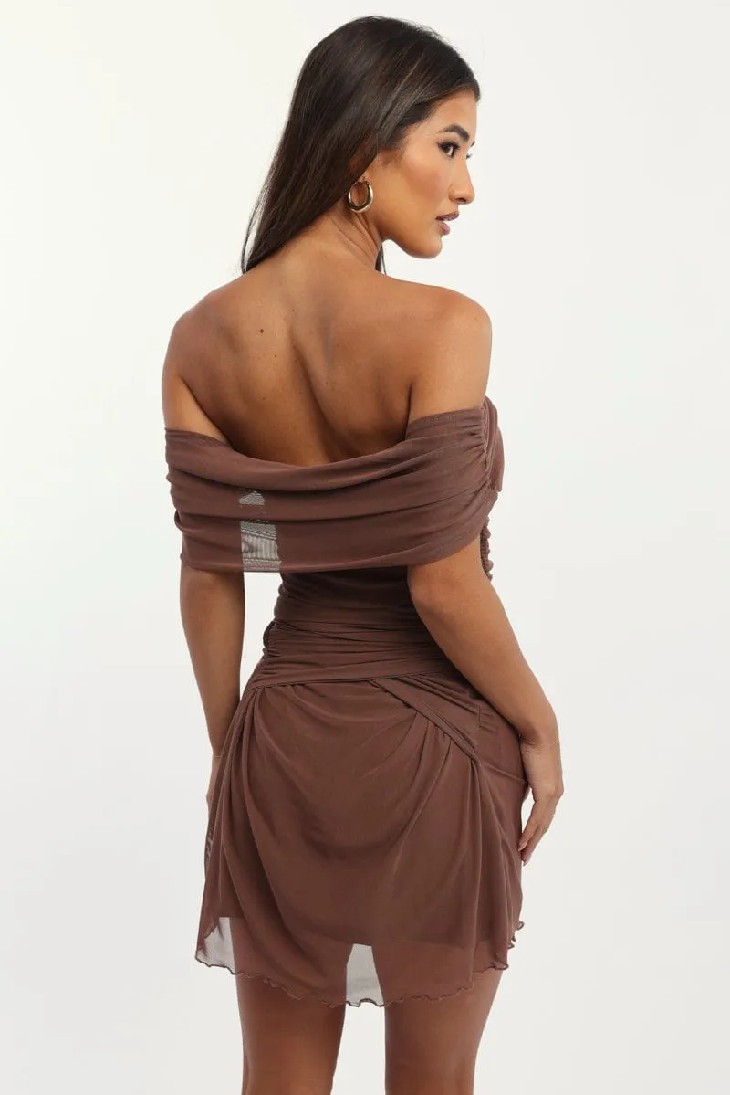 Brown Bodycon Dress Off Shoulder Mini BiasCut Trims Comfort sleepwear