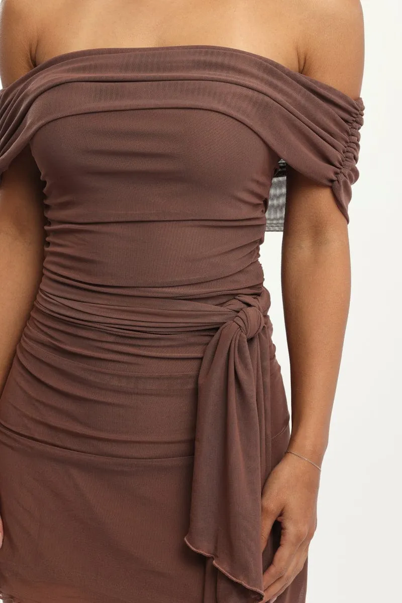 Brown Bodycon Dress Off Shoulder Mini StretchableMaterial retro look