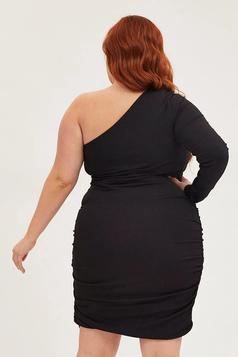 Black Bodycon Dress One Shoulder Long Sleeve Jersey trendy details