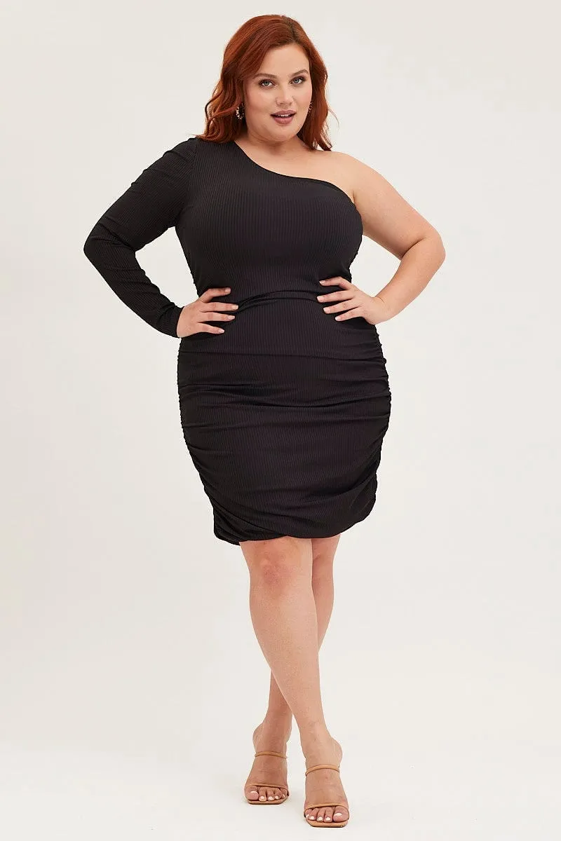 Black Bodycon Dress One Shoulder Long Sleeve Jersey Business Meeting